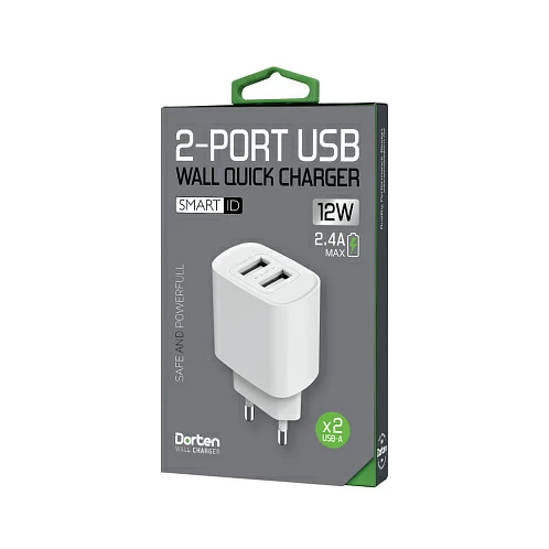 Сетевое зарядное устройство Dorten 2-Port USB Smart ID 12W Wall QC 2.4A, белый