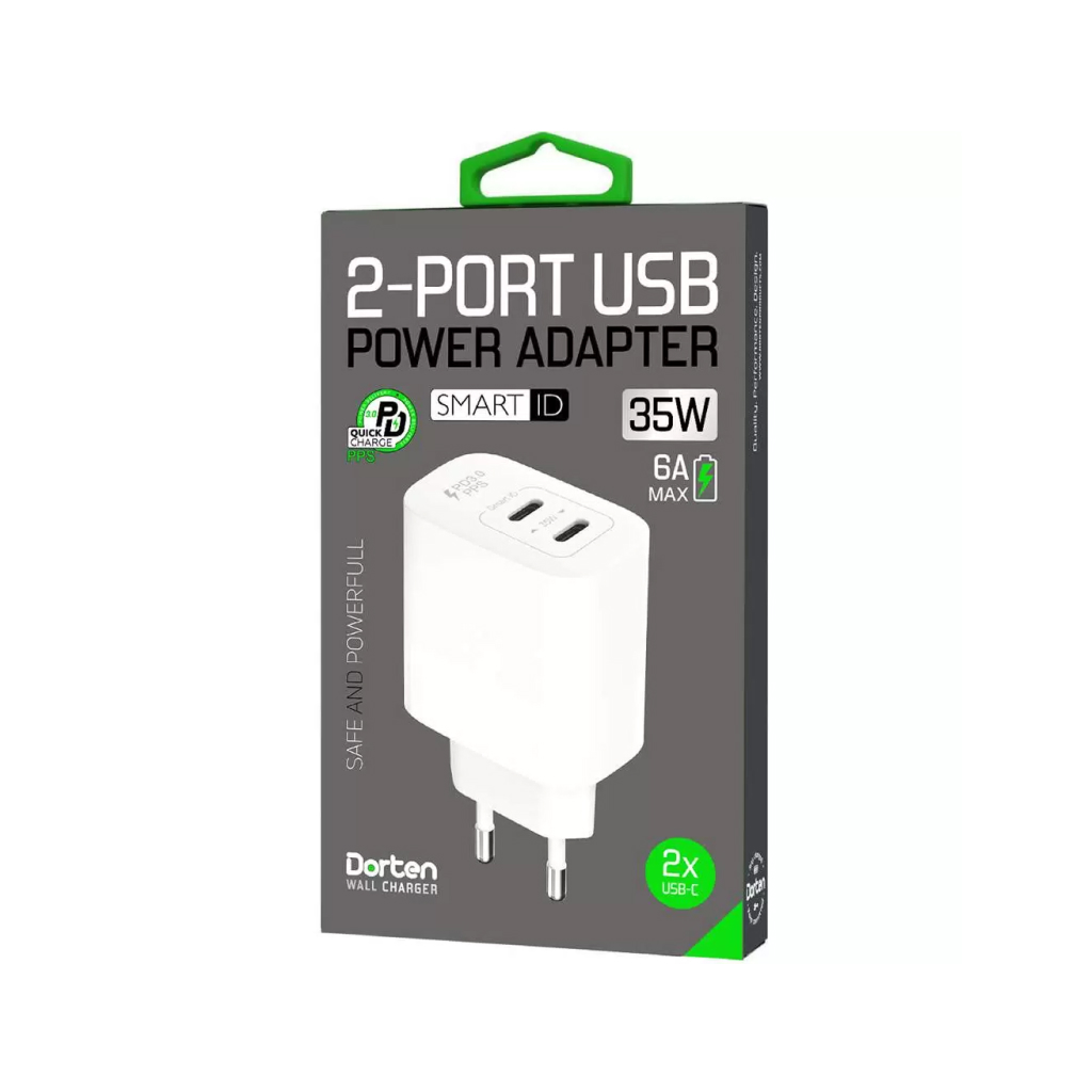 Купить Сетевое зарядное устройство Dorten 2-Port USB Smart ID 35W,  PD3.0/PPS, белый в Новороссийске в сети магазинов iShop