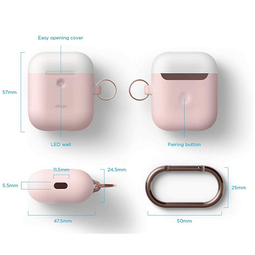 Чехол Elago DUO Hang Wireless case для AirPods, карабин, силикон, розовый с крышками белый и голубой