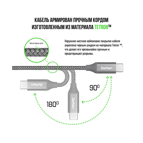 Кабель Dorten USB-C / USB-C PD, 100W, 2м, темно-серый