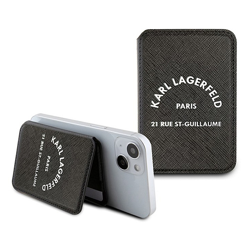 Чехол-бумажник Lagerfeld Wallet MagSafe Cardslot Stand Saffiano RSG logo, черный